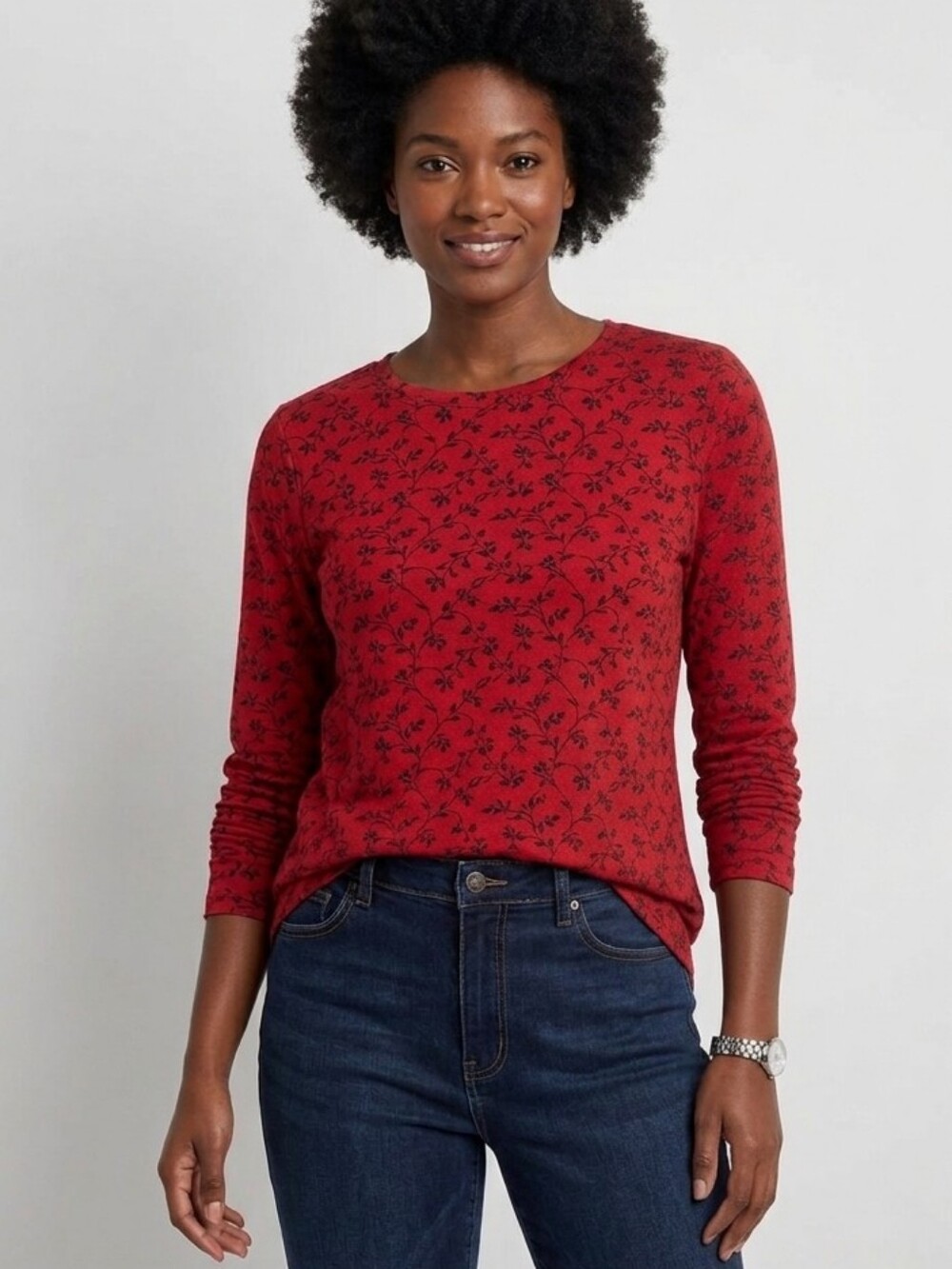 ♻️Basic Editions Red Floral Print Long Sleeve Top | Women’s XL